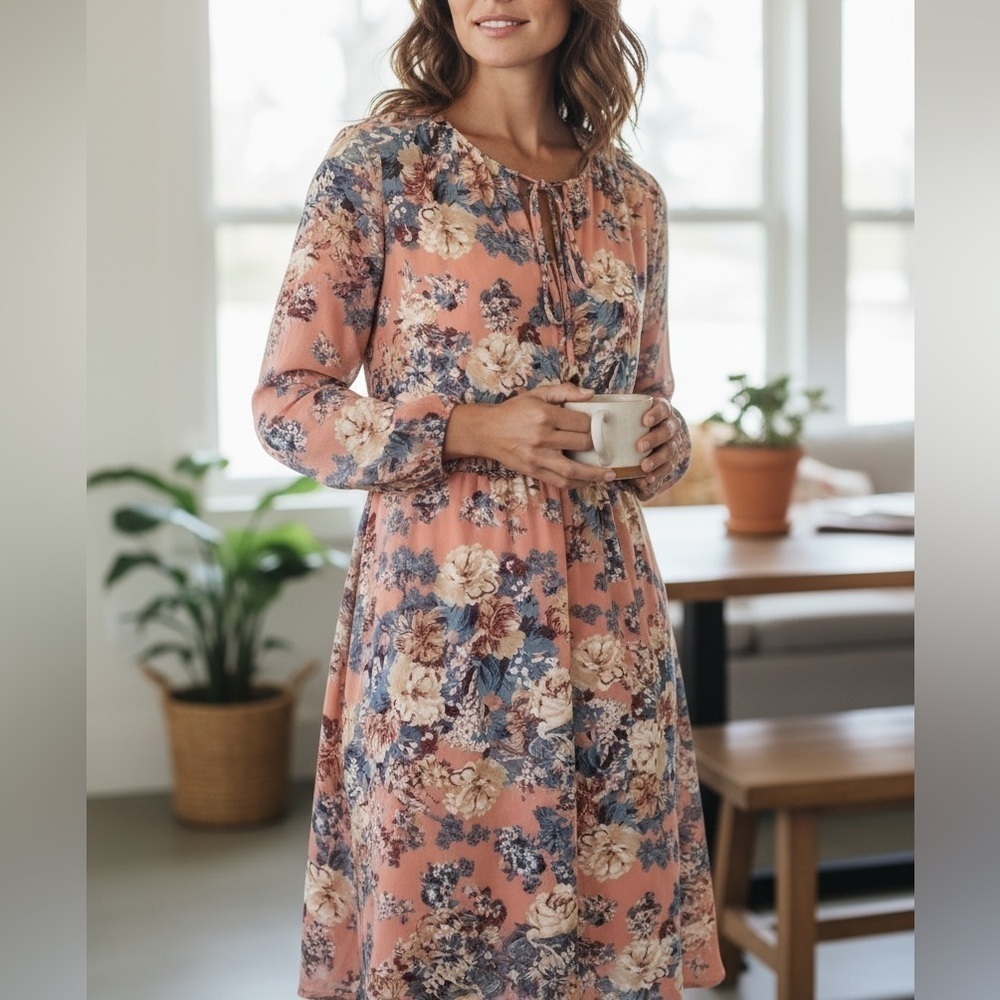 Wayf Women's Size‎ Small Midi Dress Light Pink Teal Beige Floral Long Sleeve